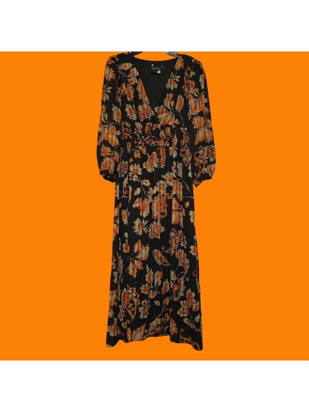 Maison Tara Floral Black & Orange Maxi Dress With Smocked Waist & Long Sleeves